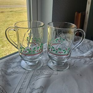 Arby’s 1985 Christmas Holly Ribbon Pedestal Mugs Set of 2 Vintage Holiday Retro